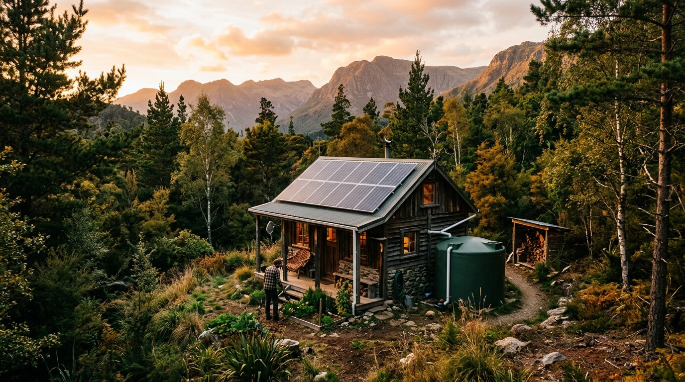 An off-grid cabin with solar panels and a rainwater tank, surrounded by forest and mountains at golden hour