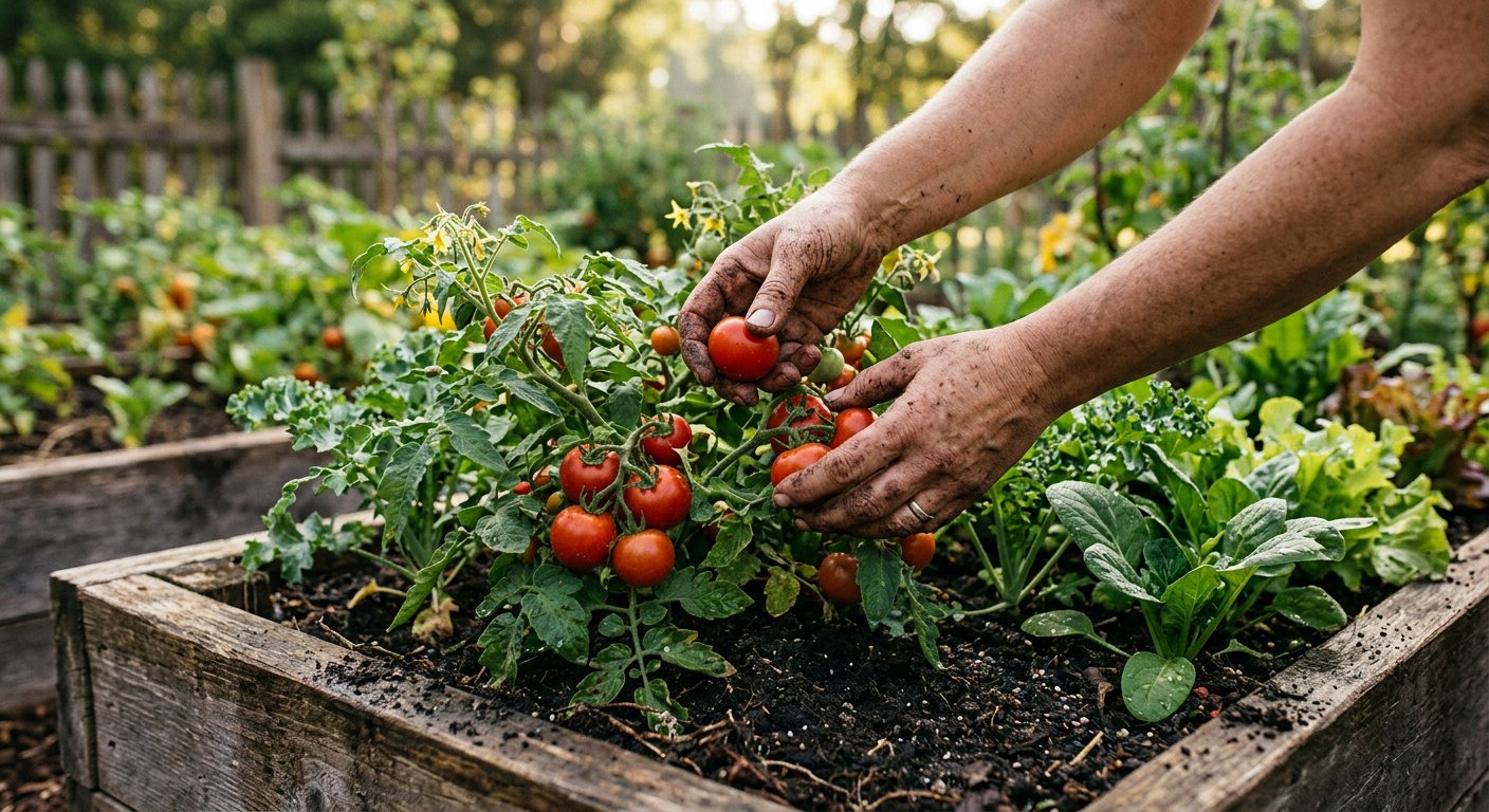 Hands harvesting vegetables from a raised garden bed