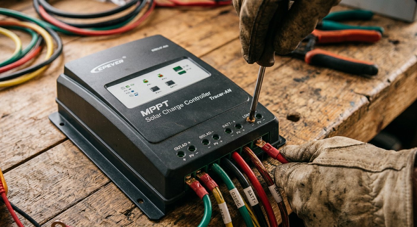 Hands wiring a solar charge controller with cables and a battery