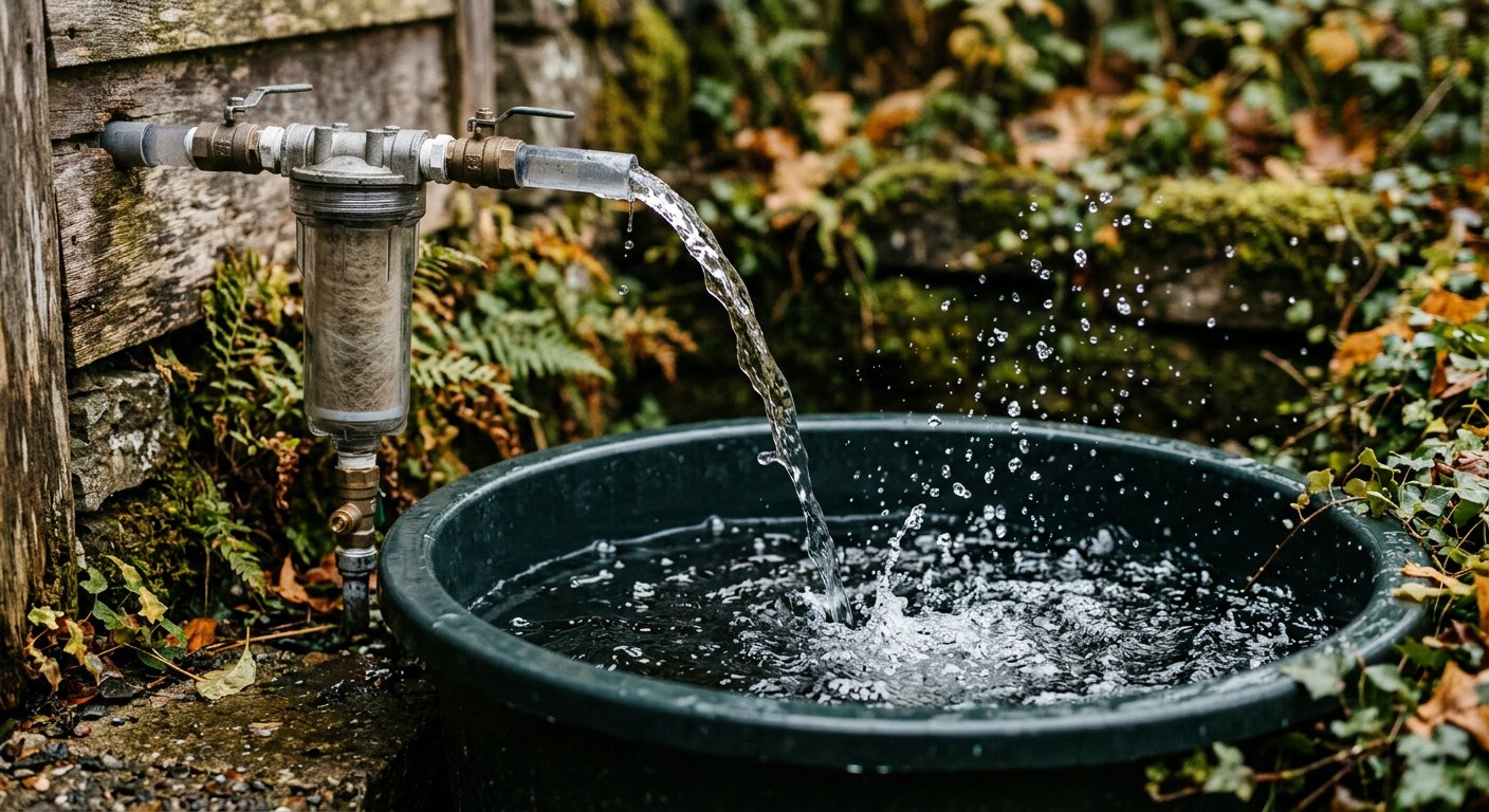 Rainwater flowing through a filter into a storage tank